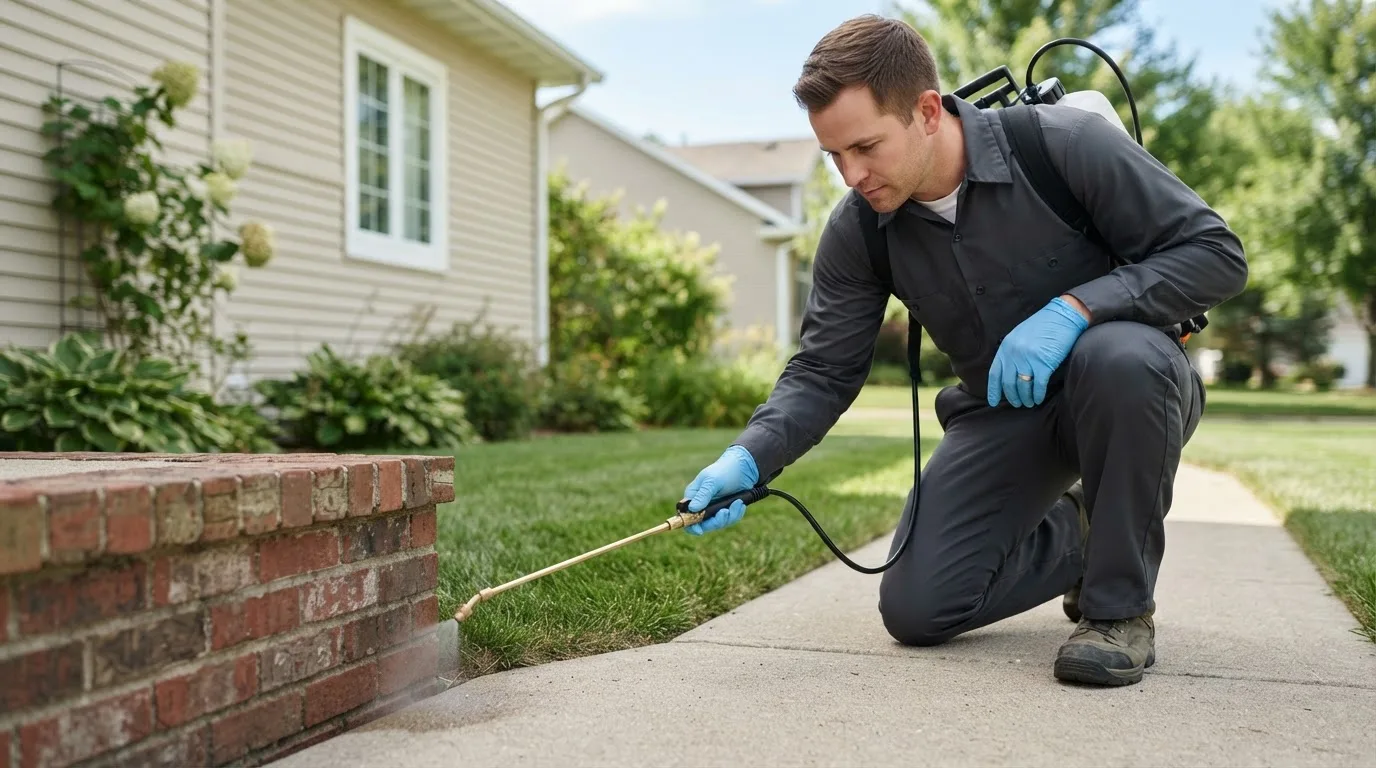 Pest control technician treating a home near Buford, GA